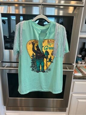 Swankaposh Smokey the bear tee with Silver Fringe Shoulder Detail size L